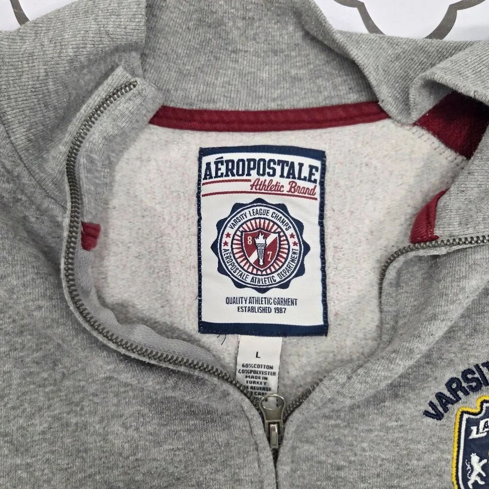 Aeropostale Full Zip Sweatshirt Men’s L Gray Burgundy Cotton Blend Preppy Y2K